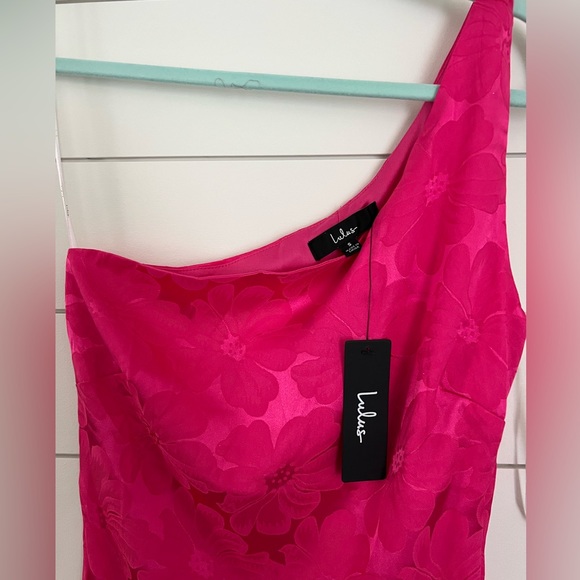 Chasing Desire Hot Pink Satin Jacquard One-Shoulder Maxi Dress from Lulu’s - Picture 4 of 4